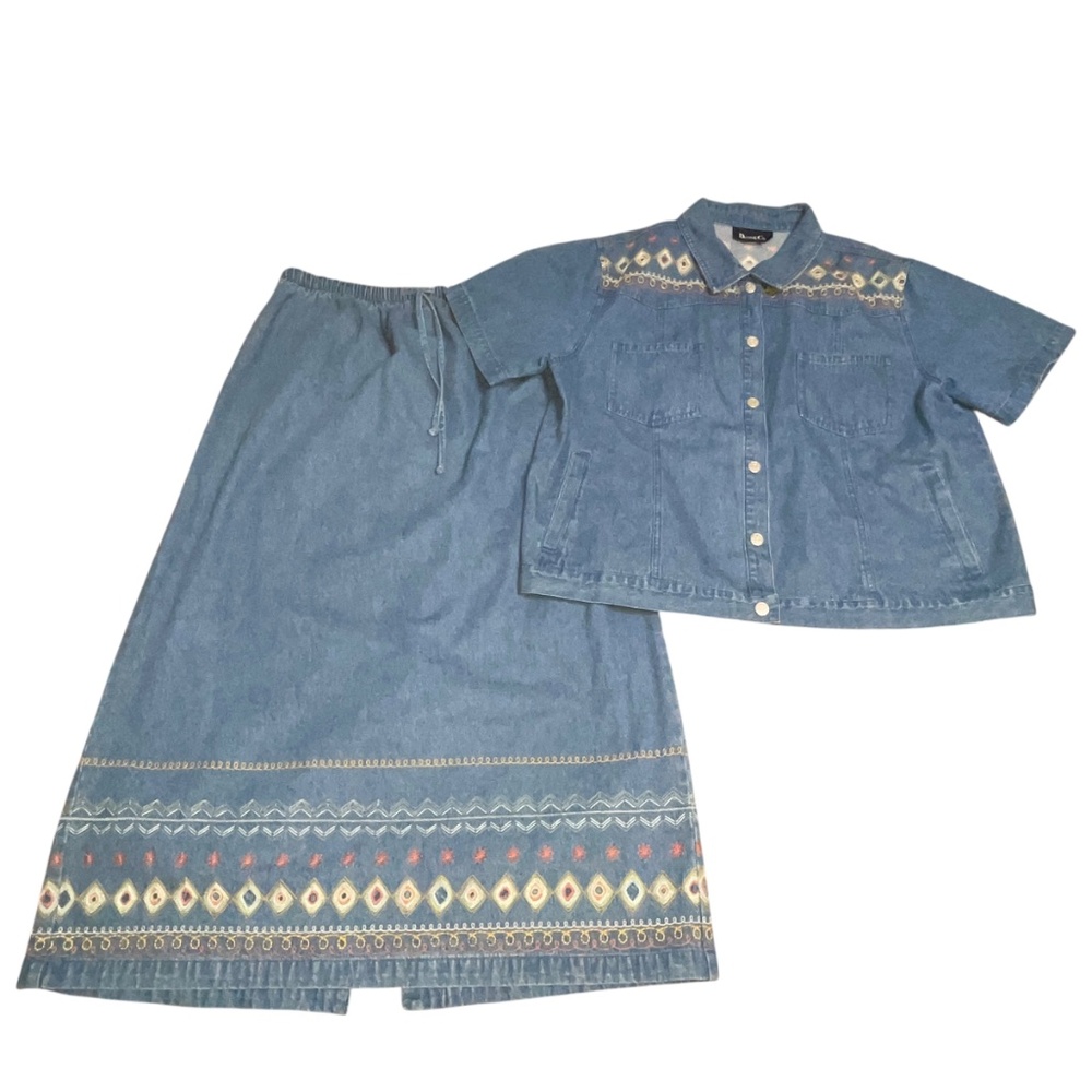 Denim & Co. VTG Modest Denim Skirt Jacket Outfit Set 1X Grannycore Embroidered